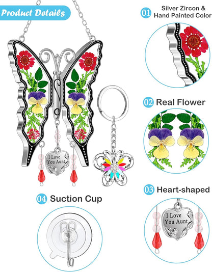 KY&BOSAM Gifts for Aunt Suncatcher Butterfly I Love You Aunt Gift Stained Glass Pressed Real Flower Between Wings for Windows Hanging Wind Chime Decor Birthday Gift for Women Mother`s Day Christmas