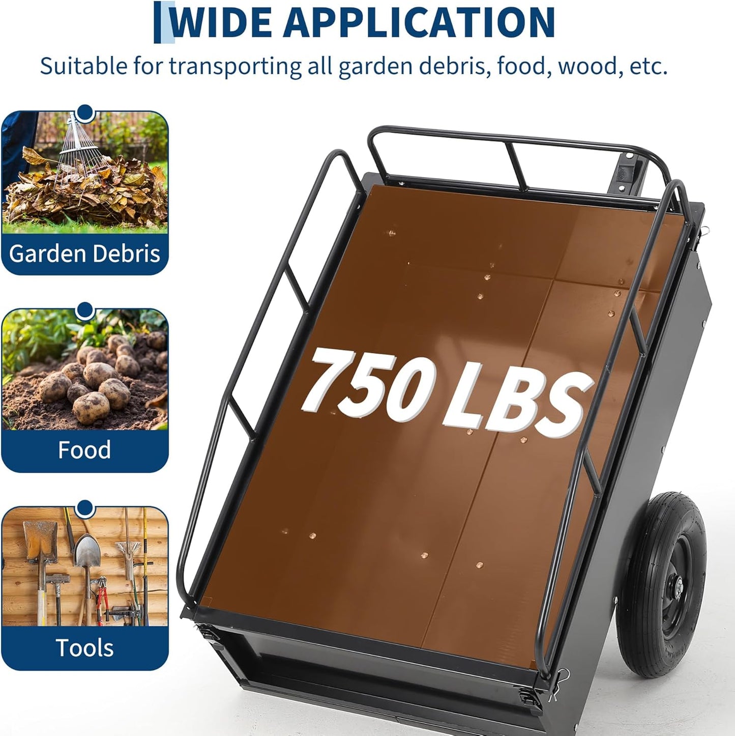 Heavy Duty ATV Dump Cart, 750 lbs Tow Behind Garden Utility Trailer with Removable Sides, Pull Behind Dump Trailer for ATV, UTV, Lawn Mowers and Tractors