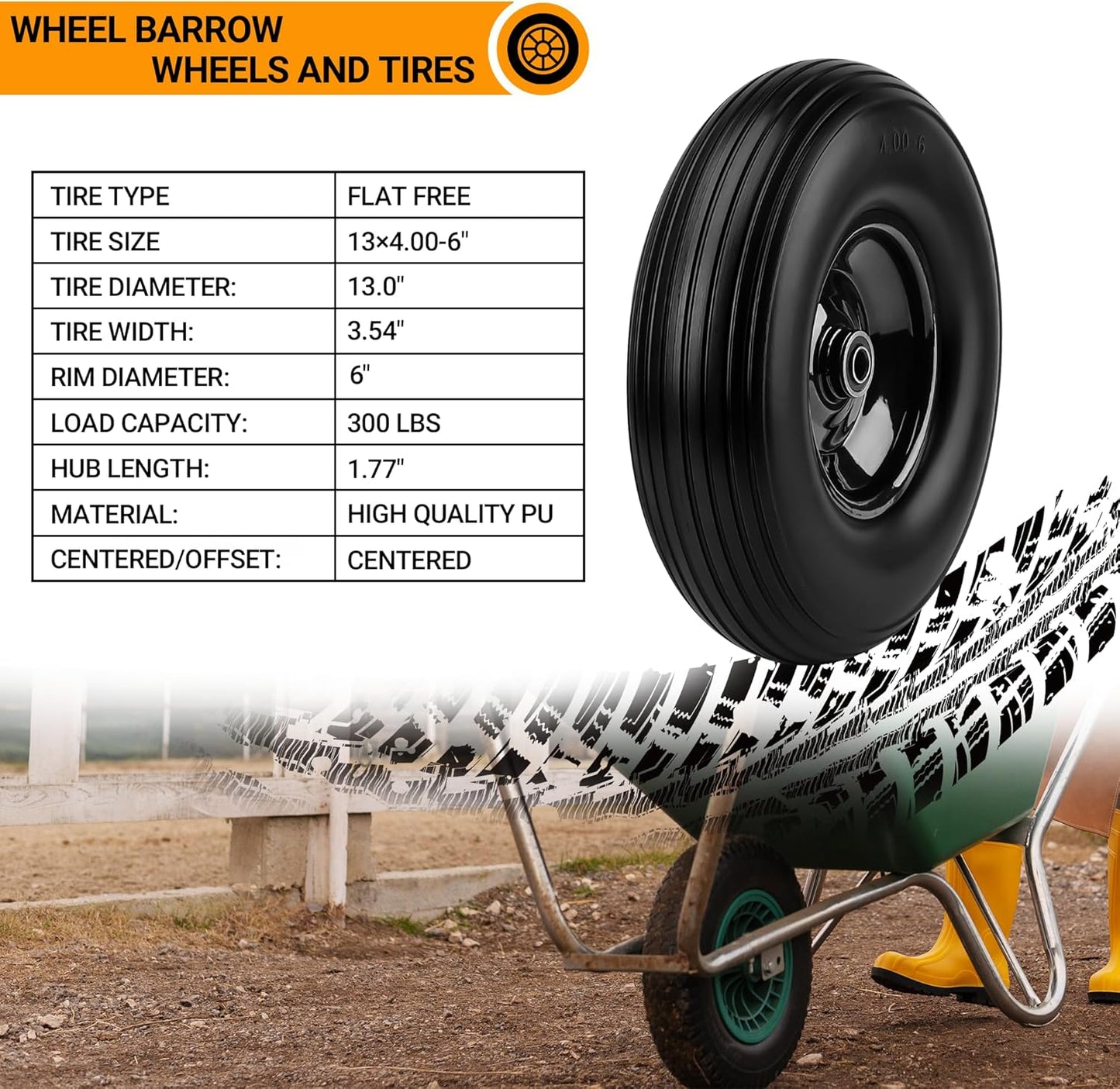 Upgrade 13Inch Wheelbarrow Tires 4.00-6 Flat Free Tire And Wheel with 5/8" & 3/4" Bearings, 1.77"-5.75" Center Hub for Wheelbarrows Garden Wagon Cart Wheel Replacement by NISHCON, 1Pack