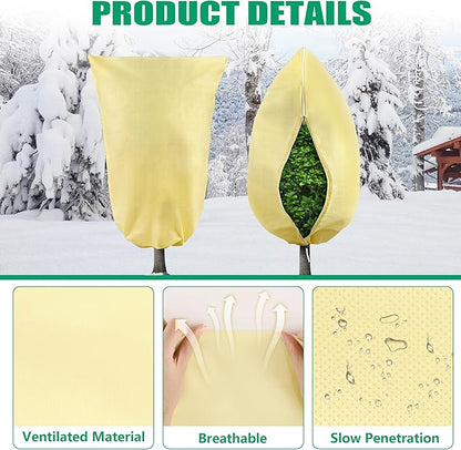 Plant Covers Freeze Protection, 4 Pack 32''× 47'' Beige Frost Cloths Blankets with Zipper Drawstring Shrub Tree Covers for Winter Outdoor Plants Freeze Protection
