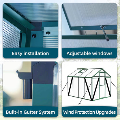 72*96in Greenhouse for Outdoors, Polycarbonate Greenhouse with Stronger Wind Protection and Roof Vent, Walk-in Large Aluminum Sunroom Winter Proof, Green