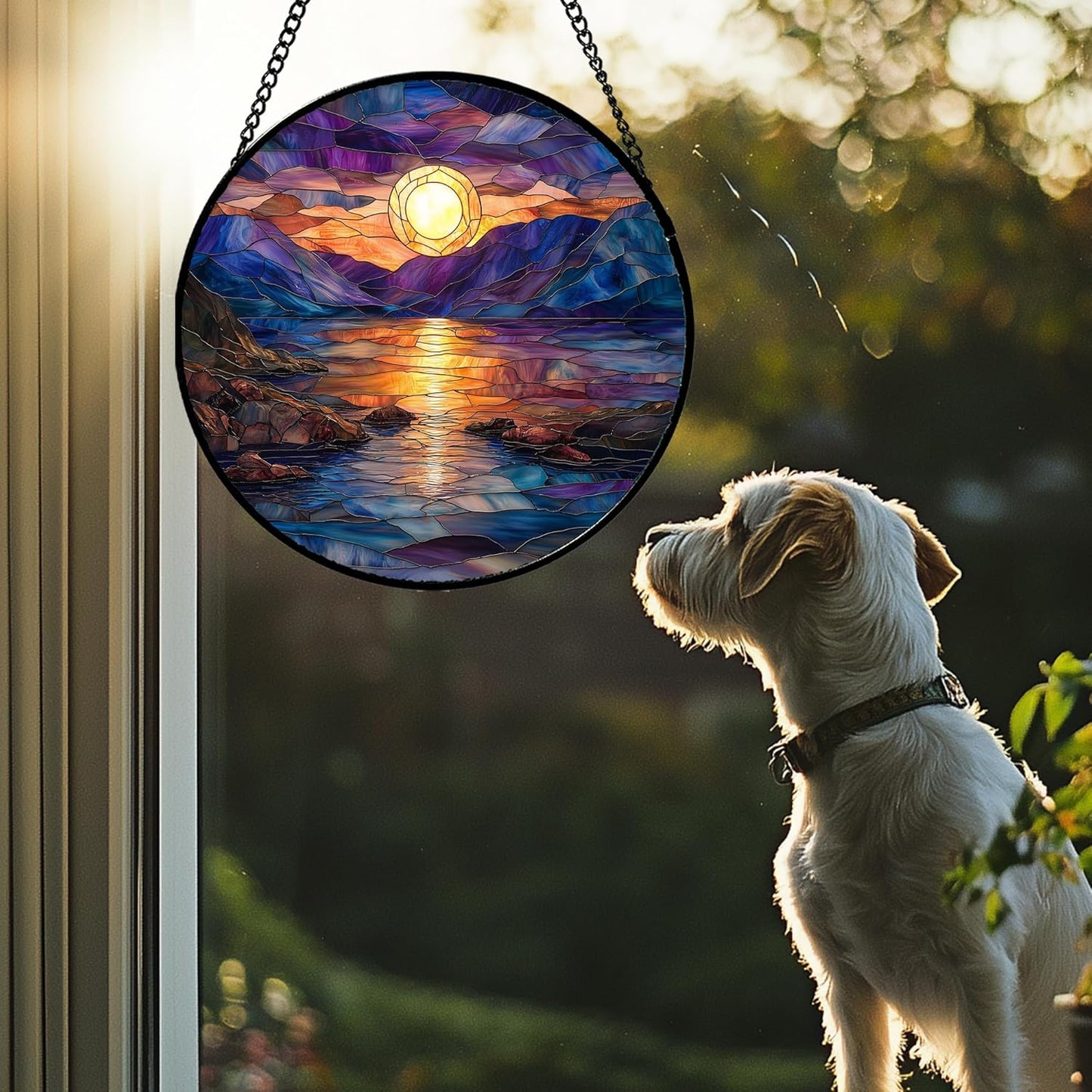 Stained Glass Window Hanging - Blue Purple Lake View Suncatcher for Door Terrace Garden Home Decor Sunset Landscape Sun Catcher Birthday Gifts for Lovers Women Men Dad Mom Nana 7.8 in