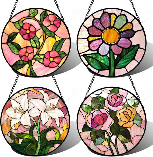 Stained Glass Window Hanging 4 Pcs Set Pink Floral Theme Large 15" - Flowers Suncatcher Door Garden