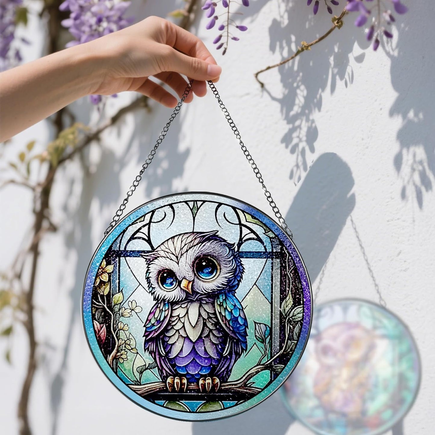 8 Inch Stained Glass Suncatcher Ornament, DOUHASU Owl Sun Catchers Indoor Window, Stained Glass Window Hanging, Home Decor, Owl Lovers Gifts for Women, Men, Friend, Relative
