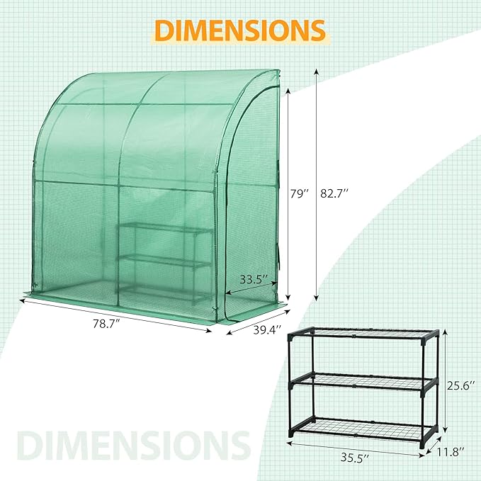 EAGLE PEAK 3 Tier Lean to Portable Greenhouse, Heavy-Duty Indoor & Outdoor Garden with Wire Shelves, 2 Roll-Up Zipper Doors, Easy Assembly, 79"x39"x83" Clear/Green PE Cover