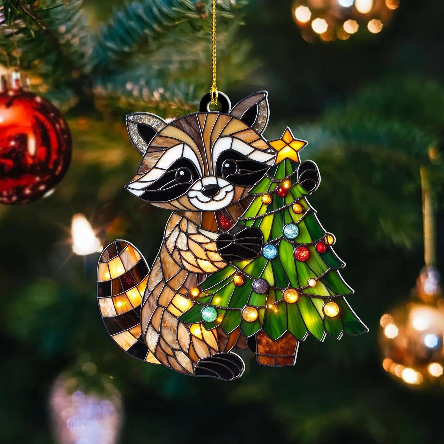 Raccoon Christmas Ornament – Acrylic Suncatcher Hanging Decor, Cute Raccoon Gifts for Men Women, Animal Xmas Ornaments, Rustic Woodland Xmas Decoration, Raccoon Lovers(Sun-25)