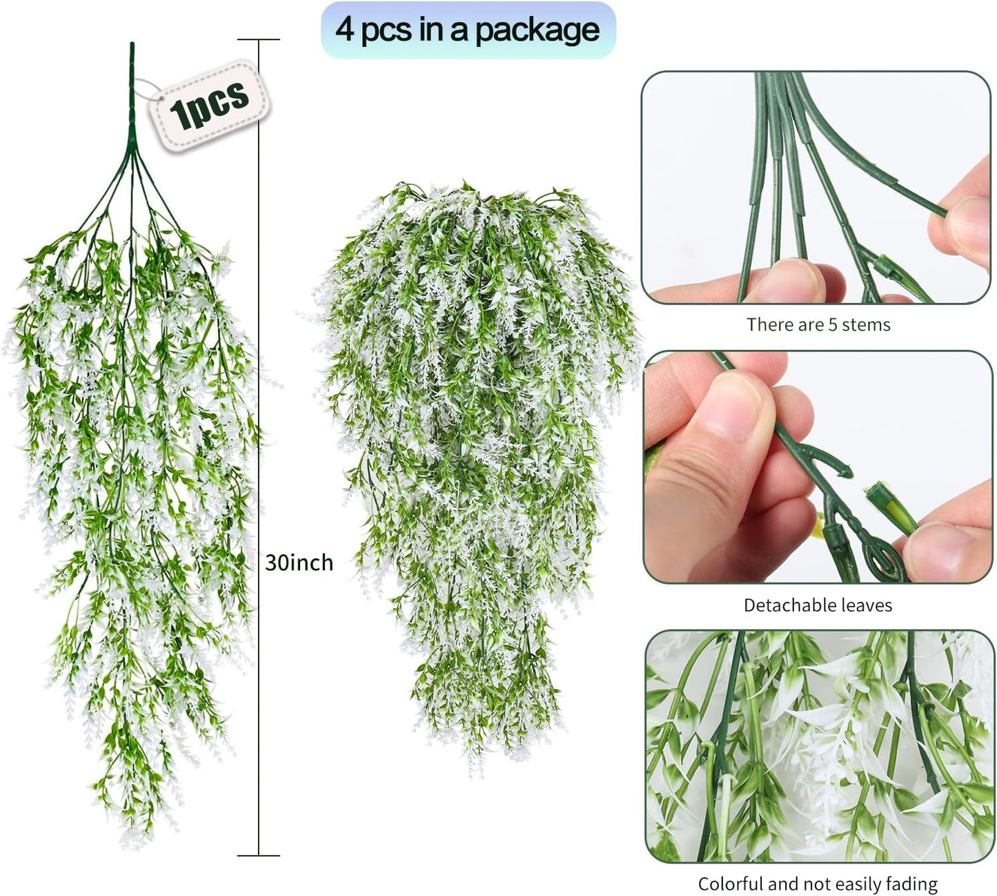 SJL 4pcs Artificial Hanging Lavender Plants Hanging Flowers Fake Ivy Long Plant Plastic Long Stem Faux Hanging Plants Indoor Greenery Look Real Decor for Garden Porch Farmhouse (White)