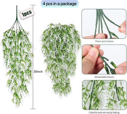 SJL 4pcs Artificial Hanging Lavender Plants Hanging Flowers Fake Ivy Long Plant Plastic Long Stem Faux Hanging Plants Indoor Greenery Look Real Decor for Garden Porch Farmhouse (White)