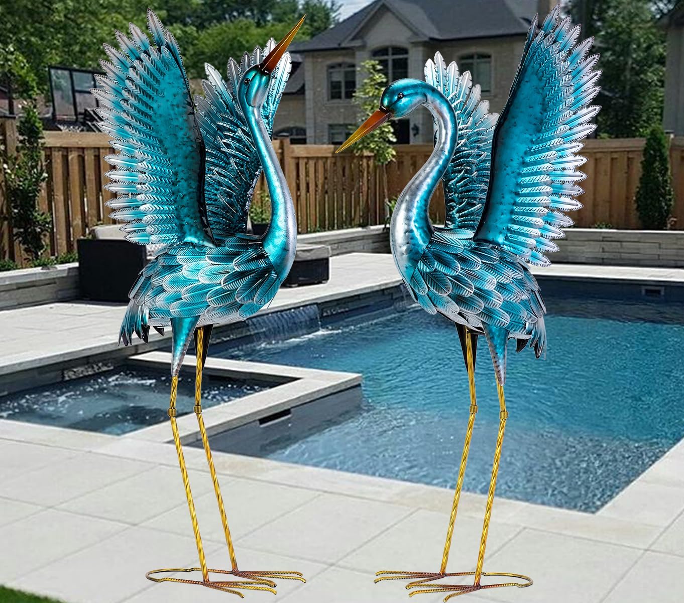 Natelf Garden Crane Statues for Outdoor, Blue Heron Decoy Courtyard Sculptures, Standing Metal Bird Yard Art for Patio Pond Backyard Decor(Set of 2)