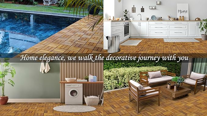 Pack of 10 Deck Tiles - 12"x12" Interlocking Natural Solid Acacia Wood for Outdoor & Indoor, Patio Garden, Balcony, Poolside - Natural Color