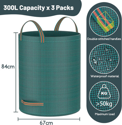 Mokani Reusable Yard Waste Bags, 79 Gallon Lawn and Leaf Bags 3 Packs, Heavy Duty Garden Bags With Reinforced Handles, Camping Yard Recycling Leaf Bag for Leaves