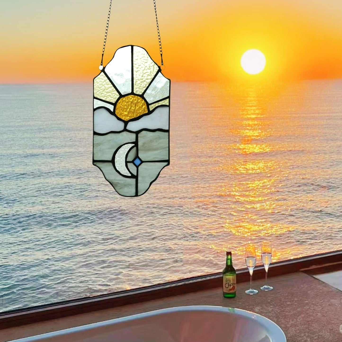 Sun and Moon Suncatchers Decor Stained Glass for Window Hangings,Handcrafted Tiffany Style Stained Glass Art Sun and Moon in The Sky for Living Room Bedroom Balcony (Silver&Yellow)