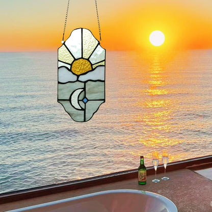 Sun and Moon Suncatchers Decor Stained Glass for Window Hangings,Handcrafted Tiffany Style Stained Glass Art Sun and Moon in The Sky for Living Room Bedroom Balcony (Silver&Yellow)