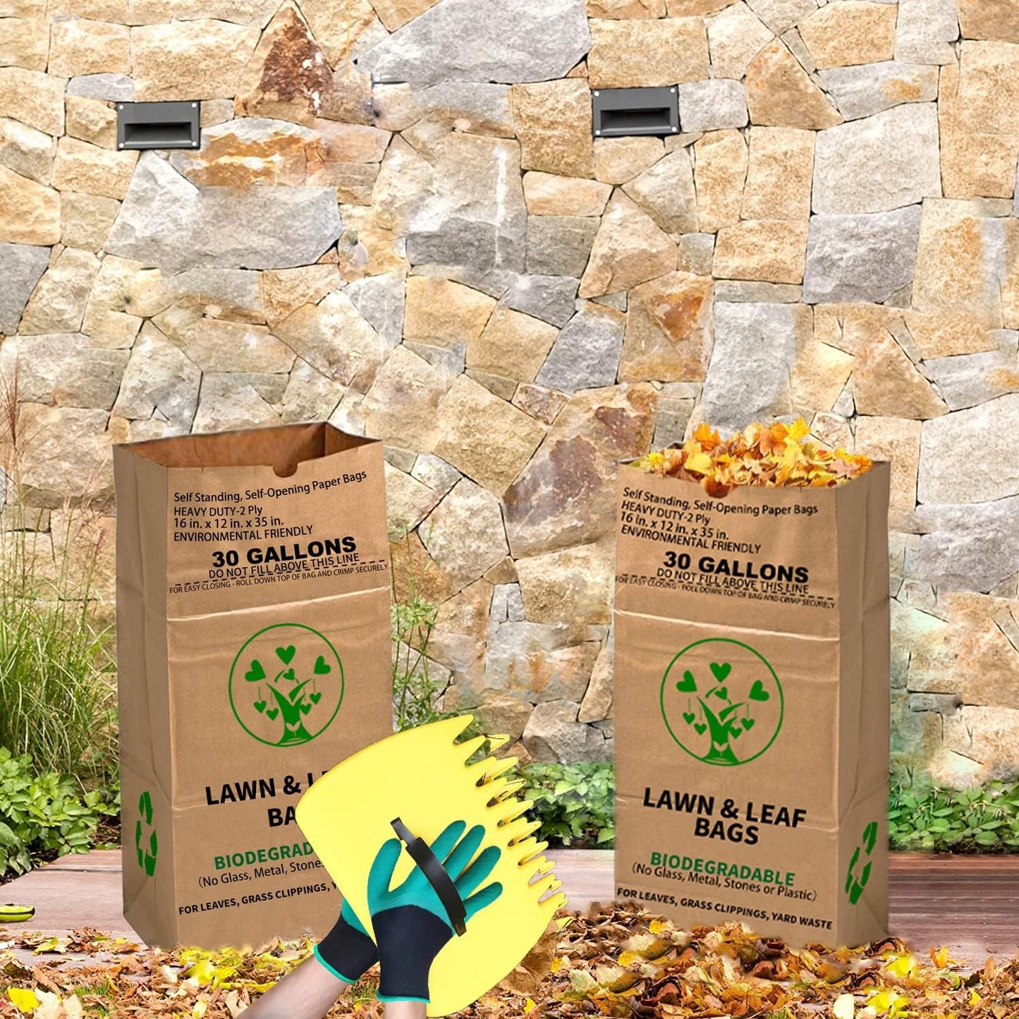 30 Gallon Heavy Duty Brown Paper Lawn and Leaf Bags with 22 GAL Dustpan-Type Bag and Leaf Scoops| 2-Ply Large Kraft Paper Bags (10 Count) | Tear Resistant Yard Waste Bag for Home and Garden