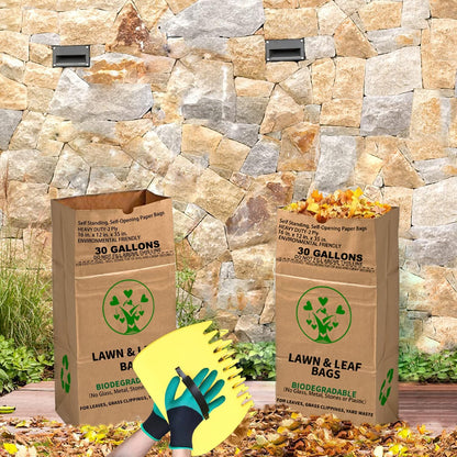 30 Gallon Heavy Duty Brown Paper Lawn and Leaf Bags with 22 GAL Dustpan-Type Bag and Leaf Scoops| 2-Ply Large Kraft Paper Bags (10 Count) | Tear Resistant Yard Waste Bag for Home and Garden