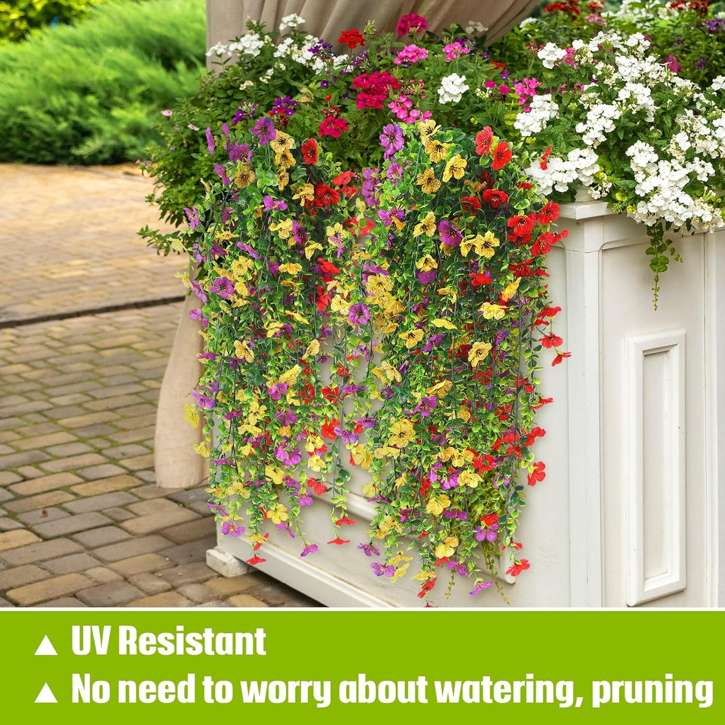 6 Pcs Artificial Fall Hanging Flowers Outdoor Silk Mum Plants Autumn Decor Faux Violet with Eucalyptus Realistic UV Resistant Trailing Vine Thanksgiving Porch Yard(Classic Color,Violet)