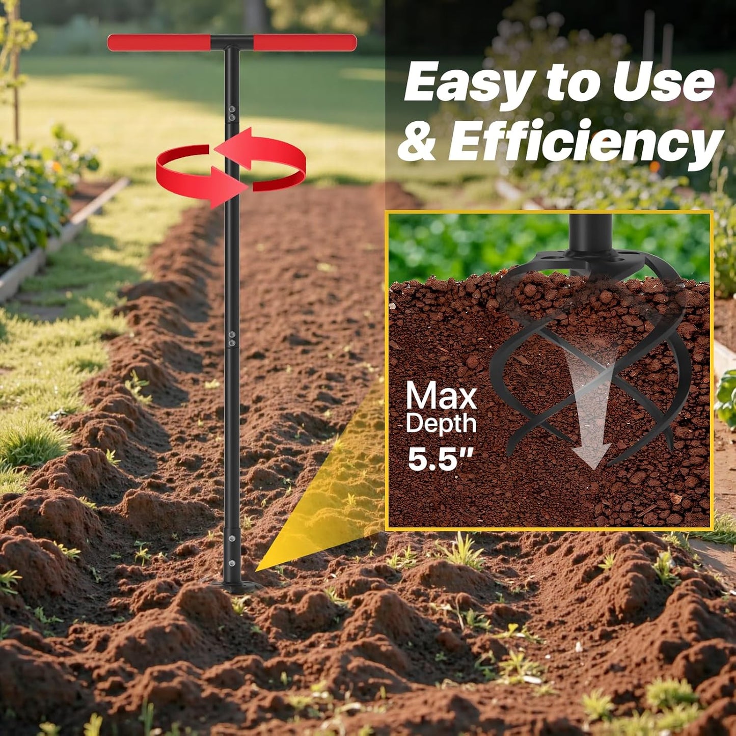 Hand Tiller Garden Tool, Twist Tiller for Gardening with Long Handle, 44.3-inch Garden Claw Hand Tool for Lawn Aerator, Hand Cultivator Tiller Tool for Garden Beds, Plant Box
