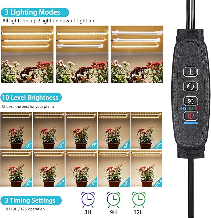 10.2''Grow Light Strips, LED Grow Lamps for Indoor Plants Full Spectrum 3000K, Plant Light Strips with 3/9/12H Timer, 10 Dimmable Levels for Seedling Succulent, Match for Plant Shelf, 3 Head