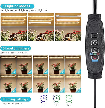 10.2''Grow Light Strips, LED Grow Lamps for Indoor Plants Full Spectrum 3000K, Plant Light Strips with 3/9/12H Timer, 10 Dimmable Levels for Seedling Succulent, Match for Plant Shelf, 3 Head