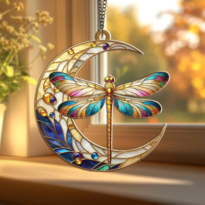 Dragonfly Moon Christmas Suncatcher – Acrylic Dragonflies Ornaments for Christmas Tree Decoration, SunCatcher Hanging Decor for Home Garden, Nature Insect Gift, Boho Dragonfly Decor for Women (Sun-24)