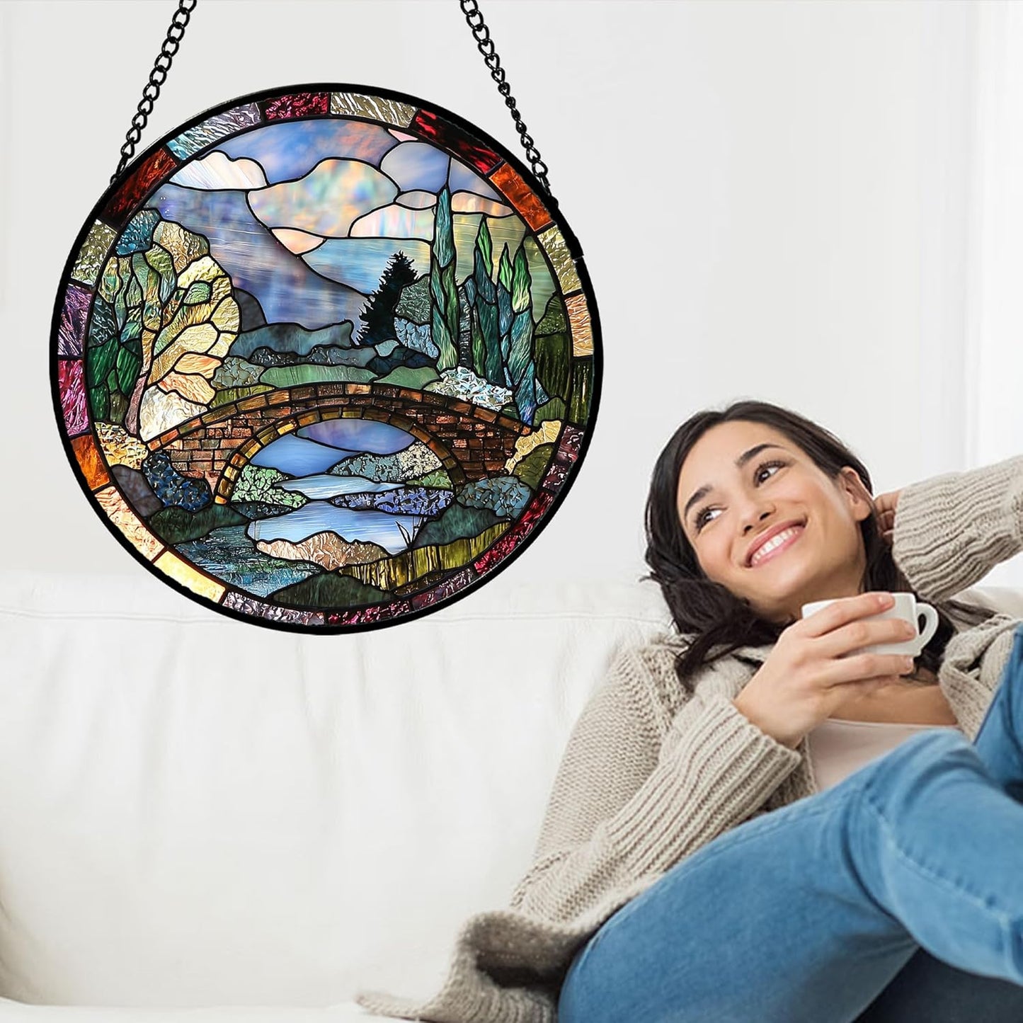 Stained Glass Window Hanging, Blue Landscape Arch Bridge Sun Catcher for Door Home Decor Suncatcher Christmas Mother's Day Birthday Gifts for Women Men Mom and Nana 15 in