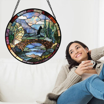 Stained Glass Window Hanging, Blue Landscape Arch Bridge Sun Catcher for Door Home Decor Suncatcher Christmas Mother's Day Birthday Gifts for Women Men Mom and Nana 11.8 in