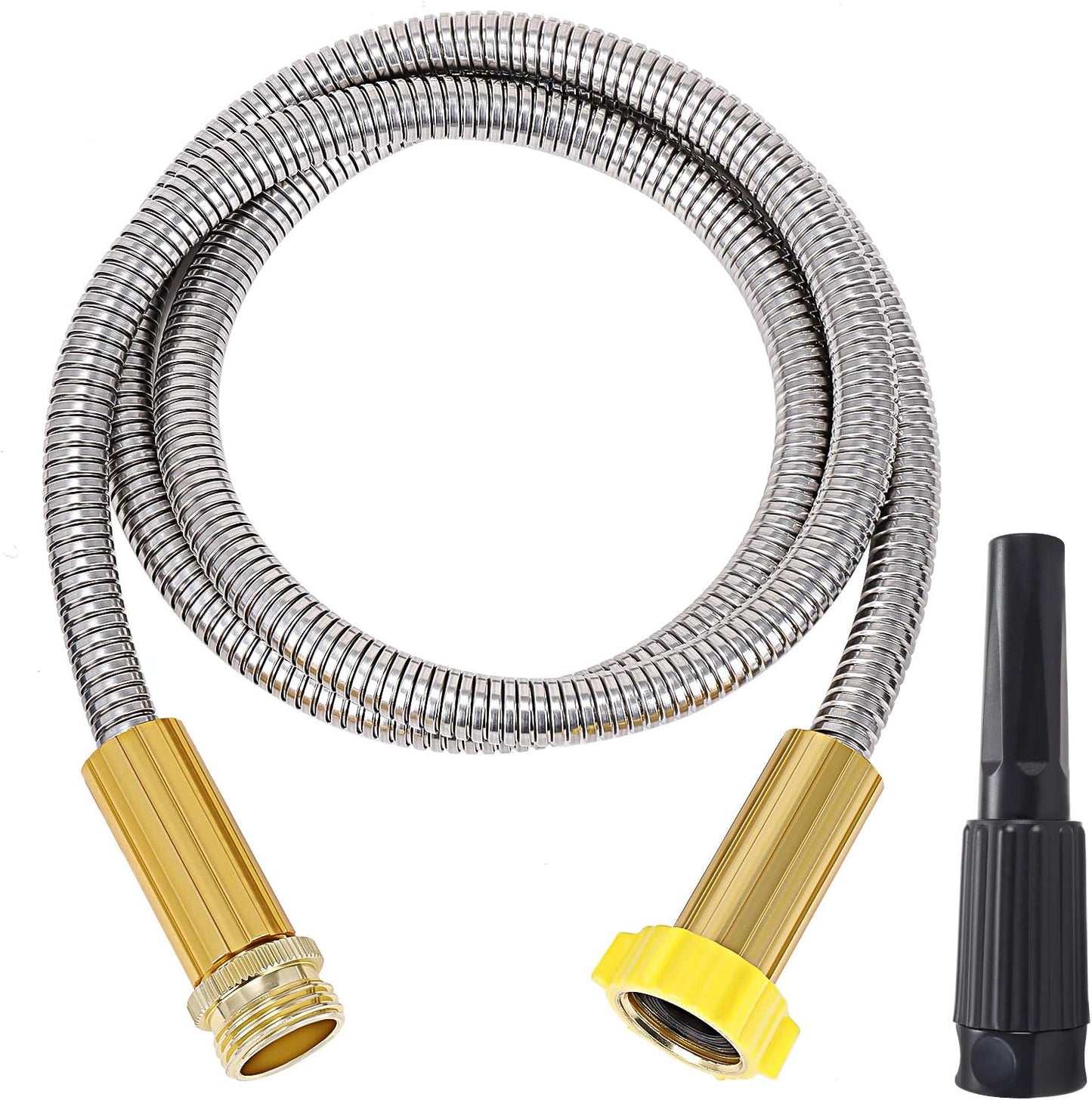 FOXEASE Metal Garden Hose 5FT - Short Hose Stainless Steel Heavy Duty Water Hose with Solid Adjustable Nozzle Portable & Lightweight Kink Free Yard Hose