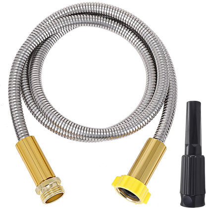 FOXEASE Metal Garden Hose 5FT - Short Hose Stainless Steel Heavy Duty Water Hose with Solid Adjustable Nozzle Portable & Lightweight Kink Free Yard Hose