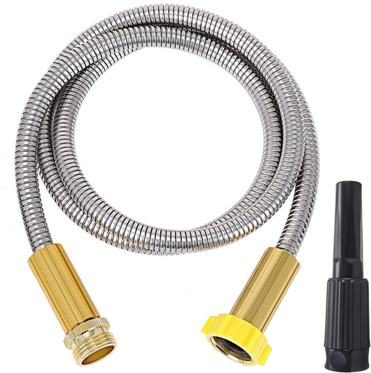 FOXEASE Metal Garden Hose 5FT - Short Hose Stainless Steel Heavy Duty Water Hose with Solid Adjustable Nozzle Portable & Lightweight Kink Free Yard Hose