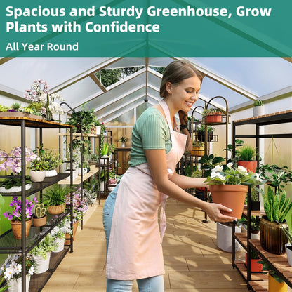 8x12 FT Greenhouse for Outdoors, Large Aluminum Greenhouses with Roof Vent and Quick Setup Structure, Greenhouse Heavy Duty with PC Panels, Walk-in Green Houses for Winter Garden,Backyard,Patio,Lawn