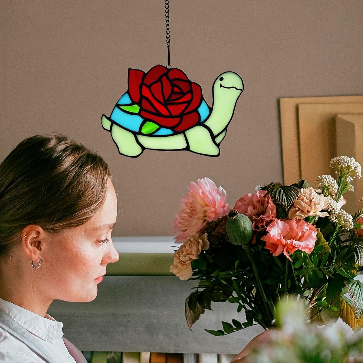 Stained Glass Turtle with Rose Birthday Gifts for Women, Stained Glass Window Hanging Suncatcher Ornament, Housewarming Window Decor Gifts for Mom, Turtle Lovers