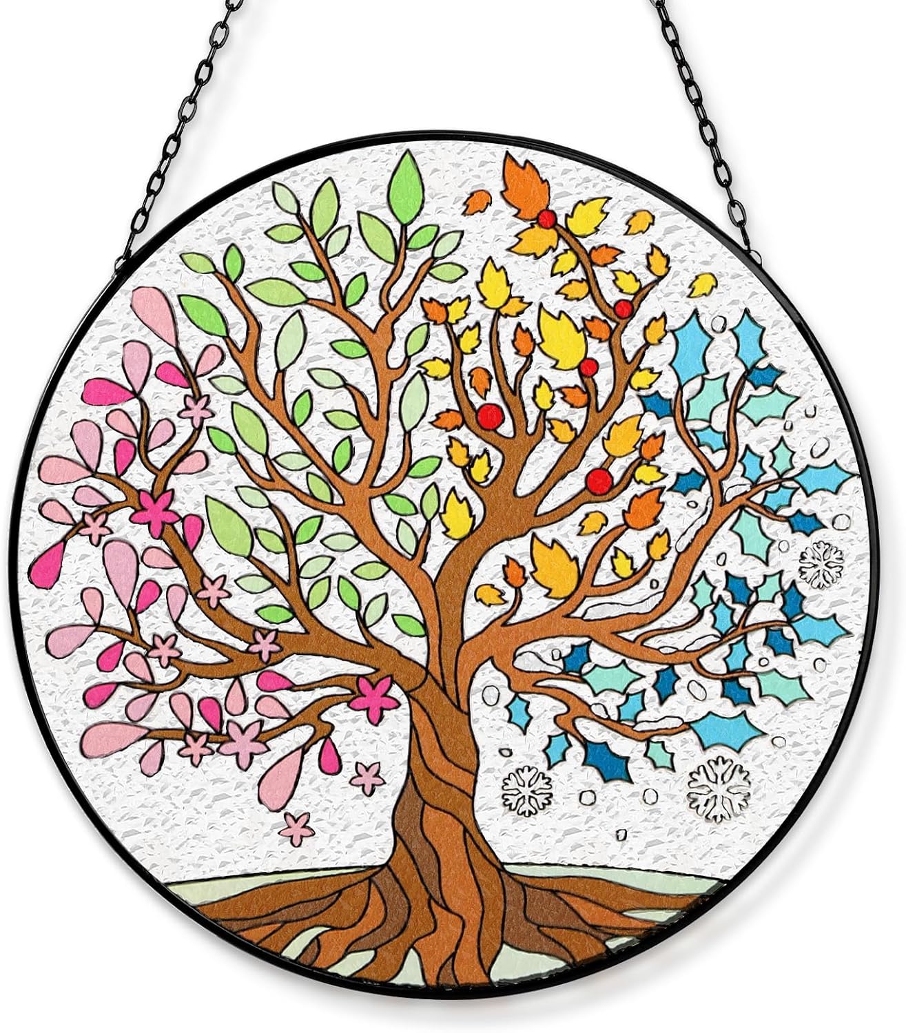 Tuitessine Big Size Tree of Life Stained Glass Suncatcher Four Season Theme Colorful Leaves Wall Window Hanging Ornament Hand-Painted Glass Panel Gift for Women Christmas Thanksgiving Gift 7.9 × 7.9”