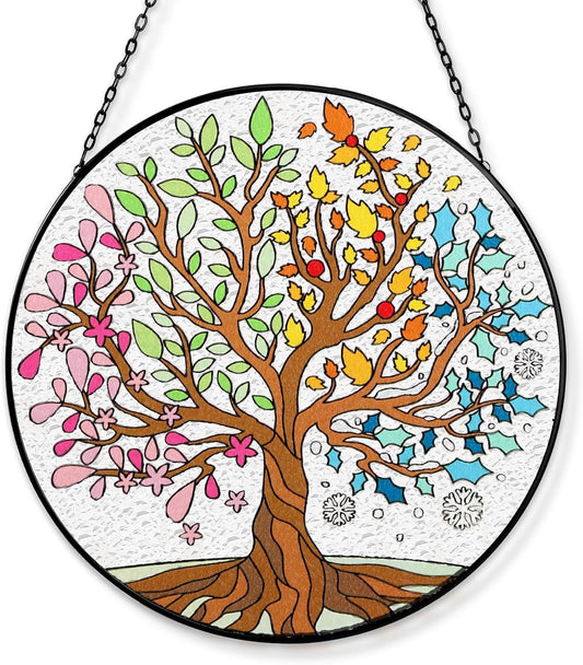 Tuitessine Big Size Tree of Life Stained Glass Suncatcher Four Season Theme Colorful Leaves Wall Window Hanging Ornament Hand-Painted Glass Panel Gift for Women Christmas Thanksgiving Gift 7.9 × 7.9”