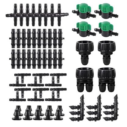 128 Pcs 1/4 Barbed Connectors Irrigation Fittings Kit, 3/4'' to 1/4'' Hose Adapter,Convert 3/4" Female Hose Thread to 2-Way 1/4" Tubing for Repair Drip Irrigation Fittings Misting Cooling System