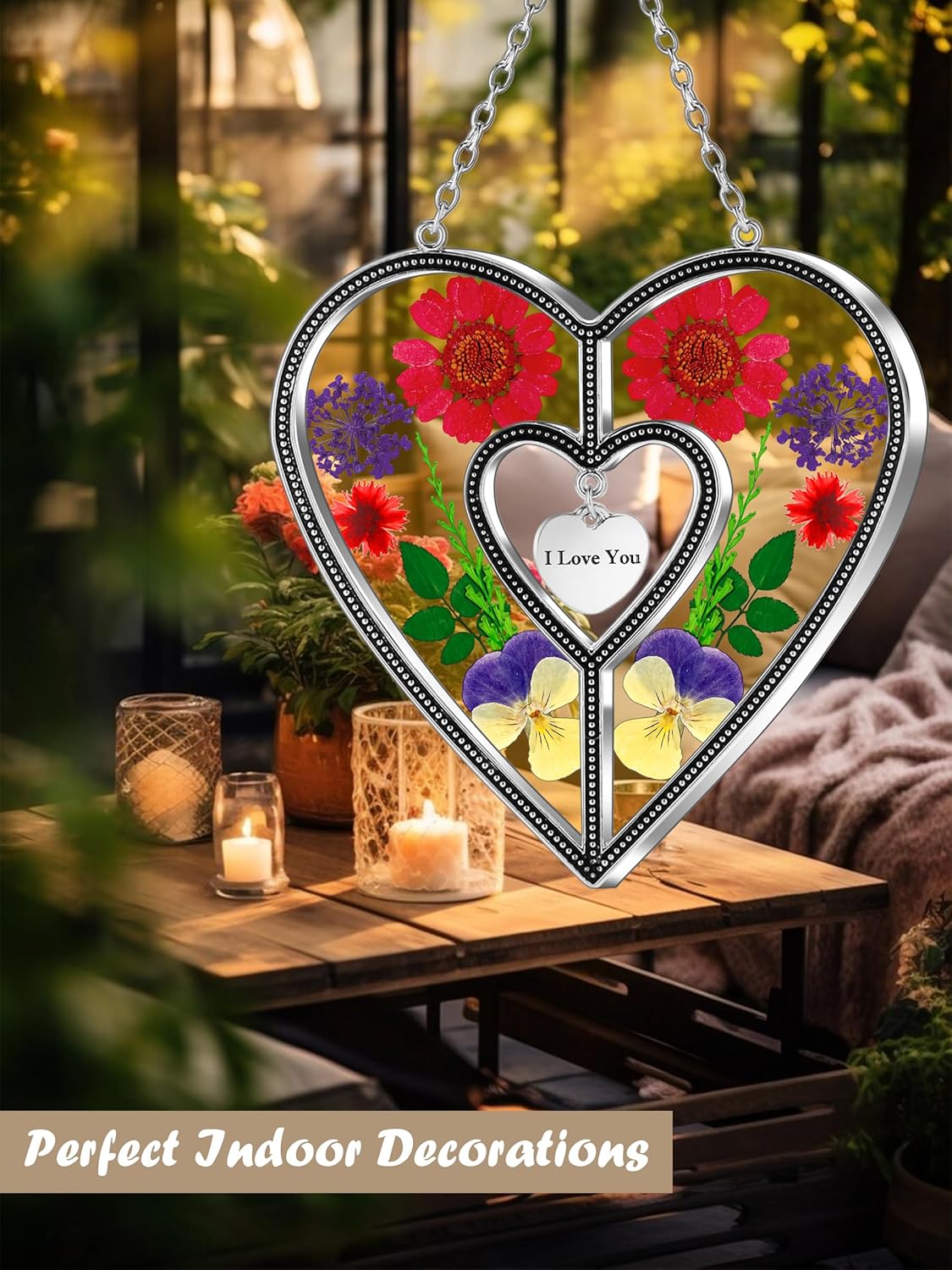KY&BOSAM Heart Suncatchers I Love You Stained Glass Hangings for Windows Suncatcher Birthday Gifts for Women Mothers Valentine`s Day Real Flower Glass & Metal Maker for Christmas Party Home Decor