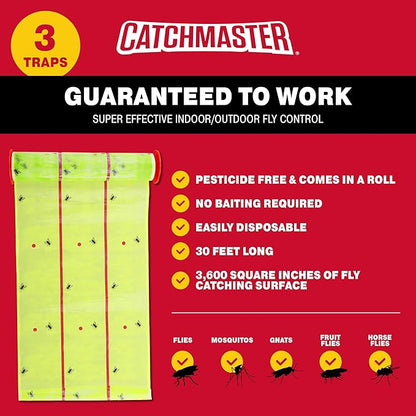 Catchmaster Giant Fly Glue Trap 3-Pack 30 Feet Each, Adhesive Fly Traps Outdoor, Sticky Bug Catcher, Bulk Flying Insect Paper Roll, Pest Control for Garage, Barn, Greenhouse & Garbage Room