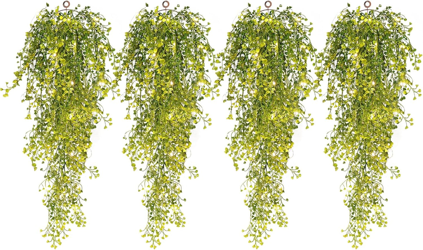 RECUTMS 4Pcs Artificial Hanging Ferns Plants with 30 Lights Fake Ivy Vine Faux Greenery Garland for Porch Fence Patio Yard Wedding Party Indoor Outdoor Decorations (Yellow)