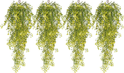 RECUTMS 4Pcs Artificial Hanging Ferns Plants with 30 Lights Fake Ivy Vine Faux Greenery Garland for Porch Fence Patio Yard Wedding Party Indoor Outdoor Decorations (Yellow)