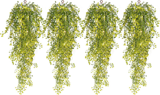 RECUTMS 4Pcs Artificial Hanging Ferns Plants with 30 Lights Fake Ivy Vine Faux Greenery Garland for Porch Fence Patio Yard Wedding Party Indoor Outdoor Decorations (Yellow)