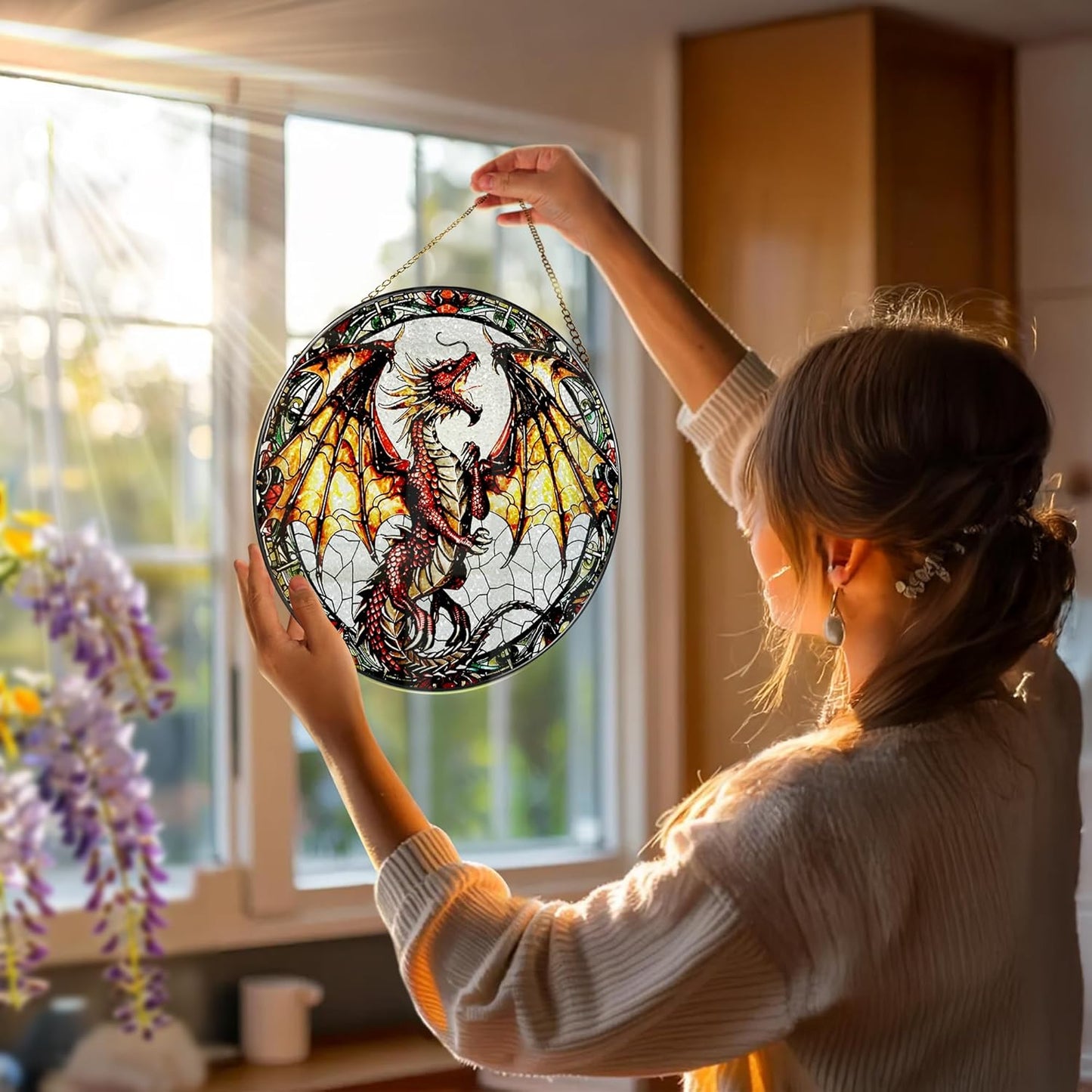 Stained Glass Window Hanging, 8 Inch Dragon Suncatcher Stained Glass, Suncatchers for Windows Hanging, Sun Catchers Indoor Window, Dragon Themed Gifts, Gifts for Men, Women