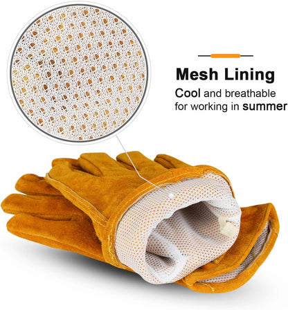 OZERO Leather Work Gloves Flex Grip Tough Cowhide Gardening Glove for Men and Women (Gold With Mesh Lining (1 Pair), X-Large)