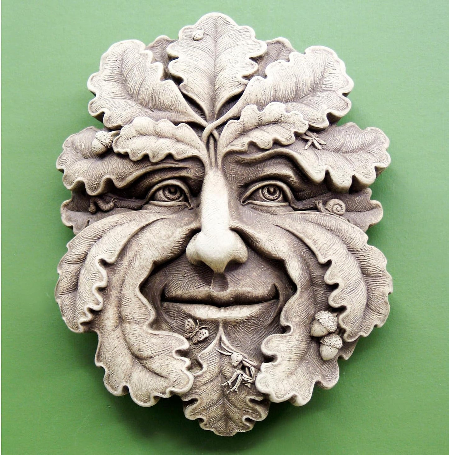 Carruth Studio, Green Man Wall Plaque Figurine, Original Sculpture Handcrafted in Stone, Artisan Made