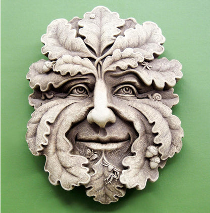Carruth Studio, Green Man Wall Plaque Figurine, Original Sculpture Handcrafted in Stone, Artisan Made