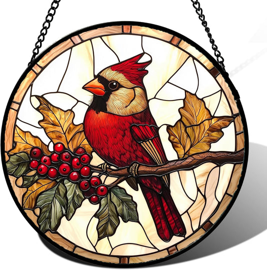 Stained Glass Window Hanging, Birds on a Branch Cardinal Sun Catchers Diamond Glass Panel Hangings