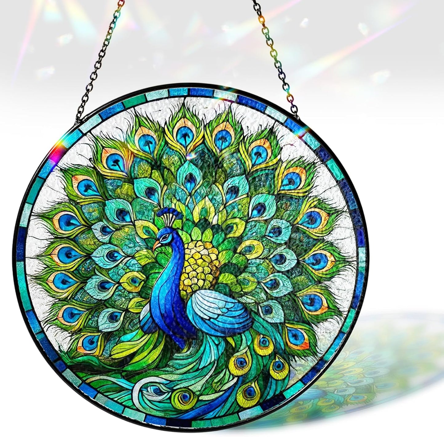 7.8" Peacock Stained Glass Suncatchers Wall Art Decor Exotic Birds Sun Catcher Window Garden for Animal Peacock Lovers Women Grandma Mom Nature Themed Painted Glass Panel ANI-07A-SG8