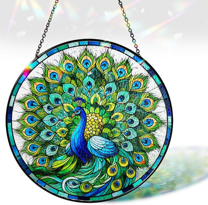 7.8" Peacock Stained Glass Suncatchers Wall Art Decor Exotic Birds Sun Catcher Window Garden for Animal Peacock Lovers Women Grandma Mom Nature Themed Painted Glass Panel ANI-07A-SG8