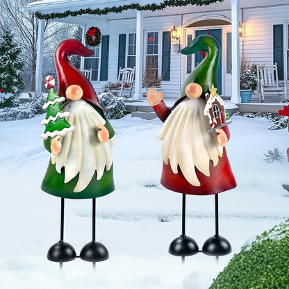 HONGLAND Outdoor Christmas Decorations, 2 PCS Metal Gnome Yard Art Christmas Gnomes 18 Inch Gnome Xmas Decorations for Outside Holiday Lawn Patio Yard Garden Decor