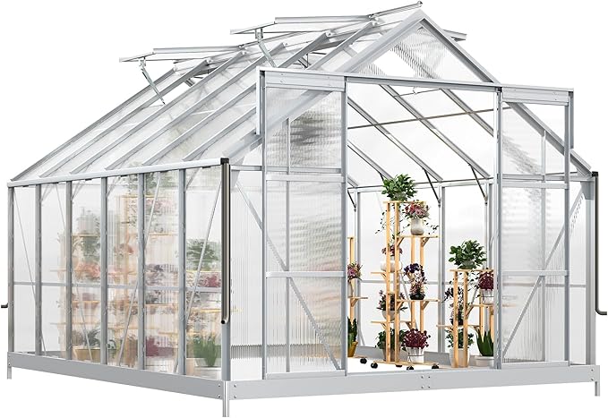 YITAHOME 10x12FT Polycarbonate Greenhouse for Outdoors, Large Heavy Duty Aluminum Greenhouses with Sliding Doors and Vent Window, Walk-in Greenhouse for Garden Backyard, Simple Setup, Silver