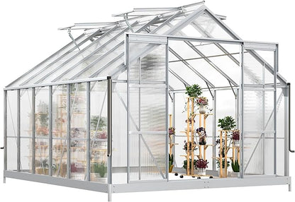 YITAHOME 10x12FT Polycarbonate Greenhouse for Outdoors, Large Heavy Duty Aluminum Greenhouses with Sliding Doors and Vent Window, Walk-in Greenhouse for Garden Backyard, Simple Setup, Silver