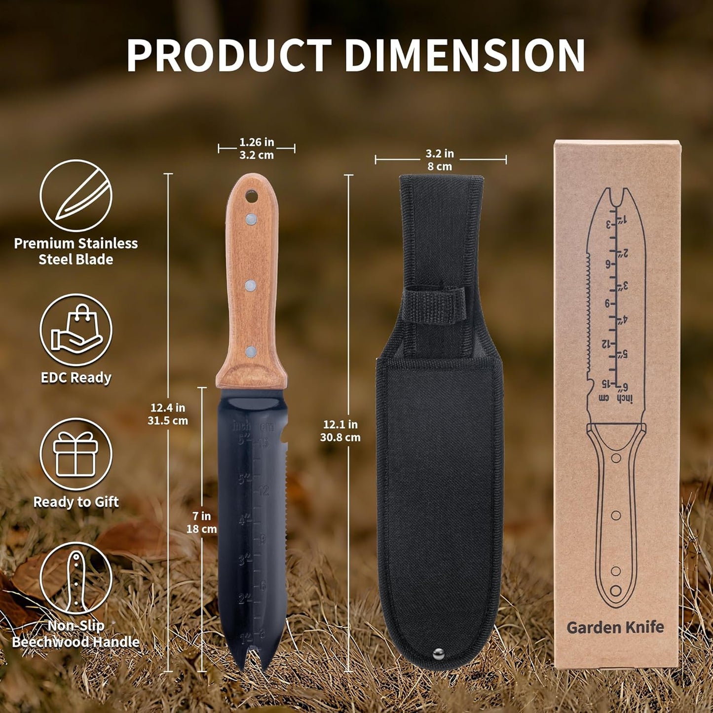 YANG Hori Hori Garden Knife, 7" Stainless Steel Gardening Knife with Oxford Cloth Sheath, Full Tang Beechwood Handle EDC Garden Tool for Dividing Plants & Weeding, Forked Tip for Transplanting